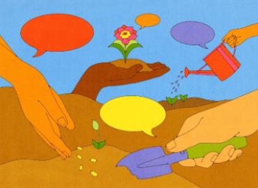 Digital illustration of hands planting seeds and watering seedlings. One hand is holding a flower rooted in soil, and there are speech bubbles scattered about.